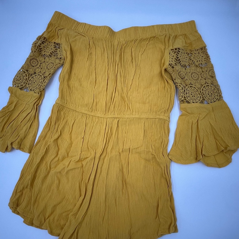 Mustard Off-Shoulder Romper with Lace Sleeves